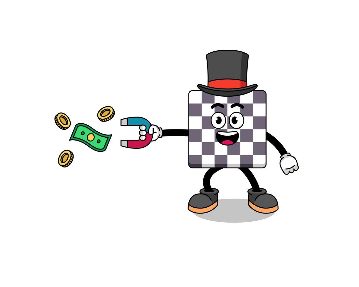 ilustração de personagem de tabuleiro de xadrez pegando dinheiro com um ímã vetor