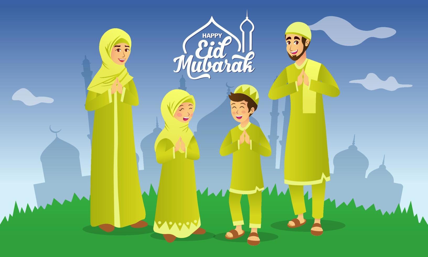 cartão de saudação eid mubarak. família muçulmana dos desenhos animados comemorando eid al fitr com mesquita como pano de fundo vetor