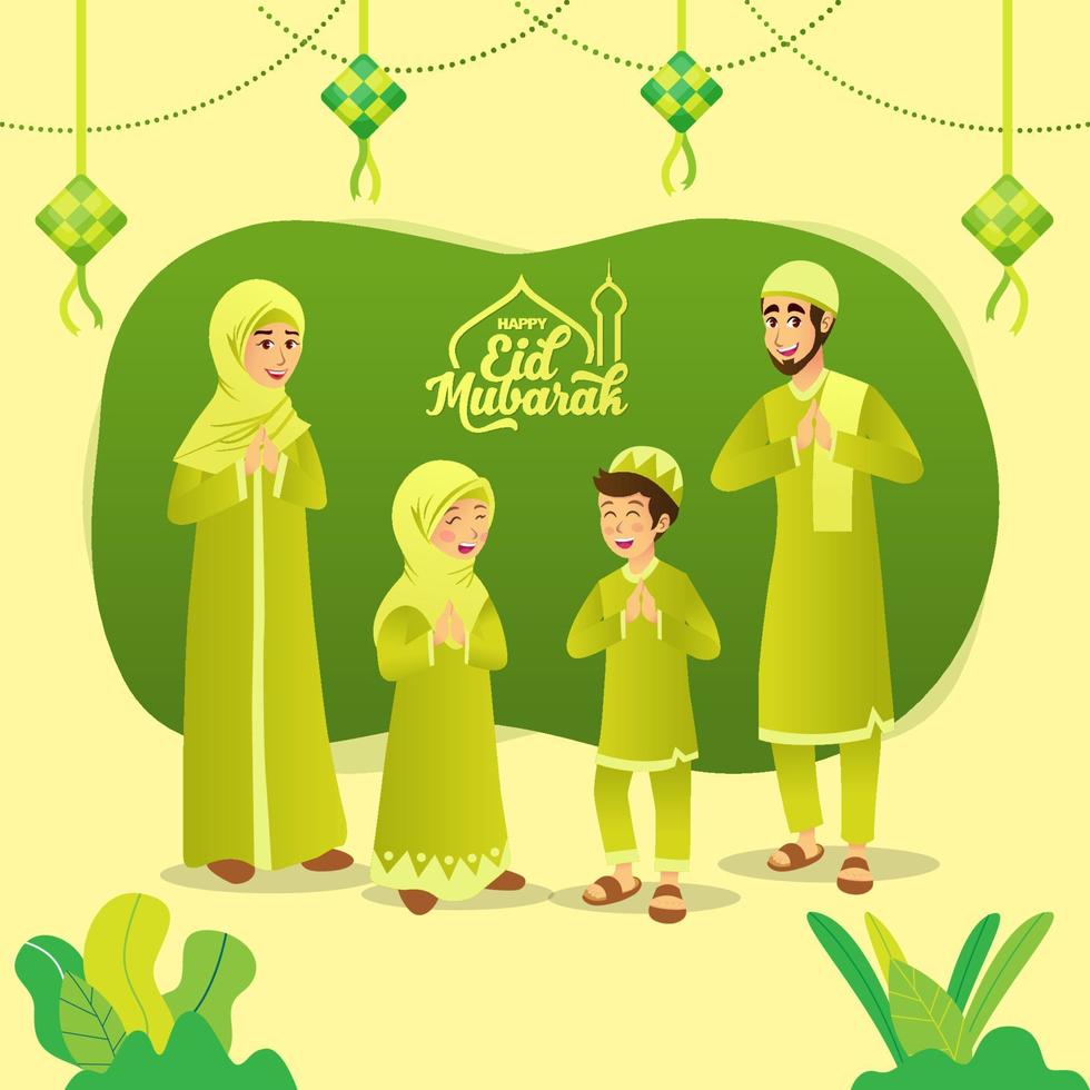 cartão de saudação eid mubarak. família muçulmana dos desenhos animados comemorando eid al fitr sobre fundo verde. vetor