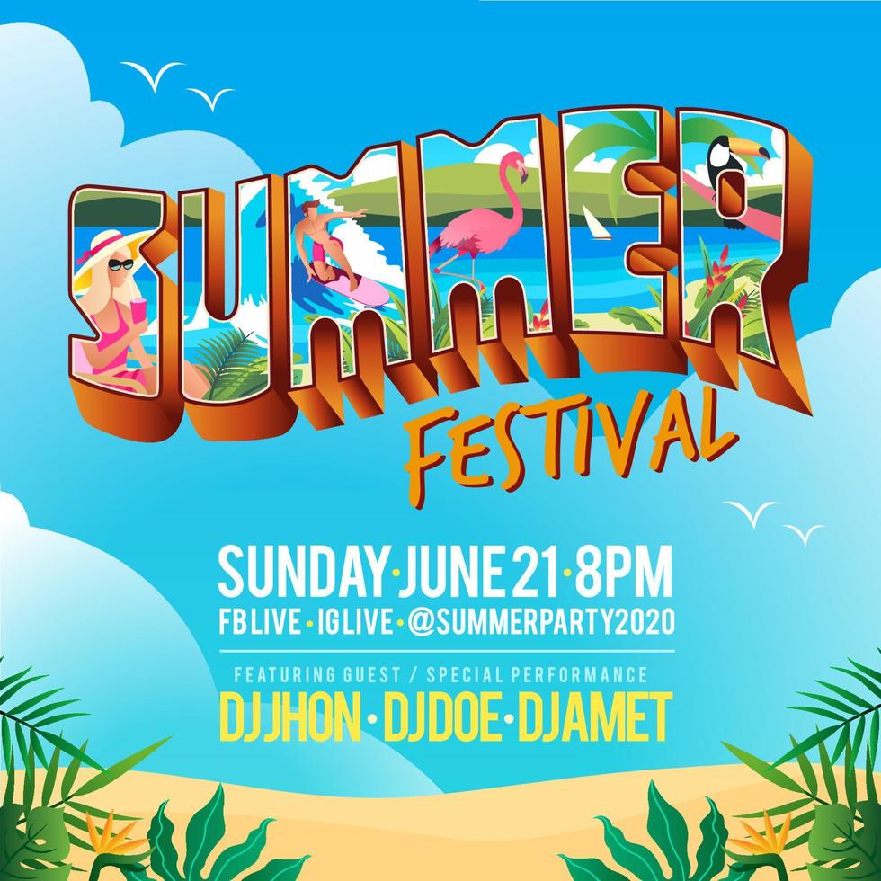 banner festival de verão com estilo de cartão postal de letras tropicais vintage e fundo de praia. vetor