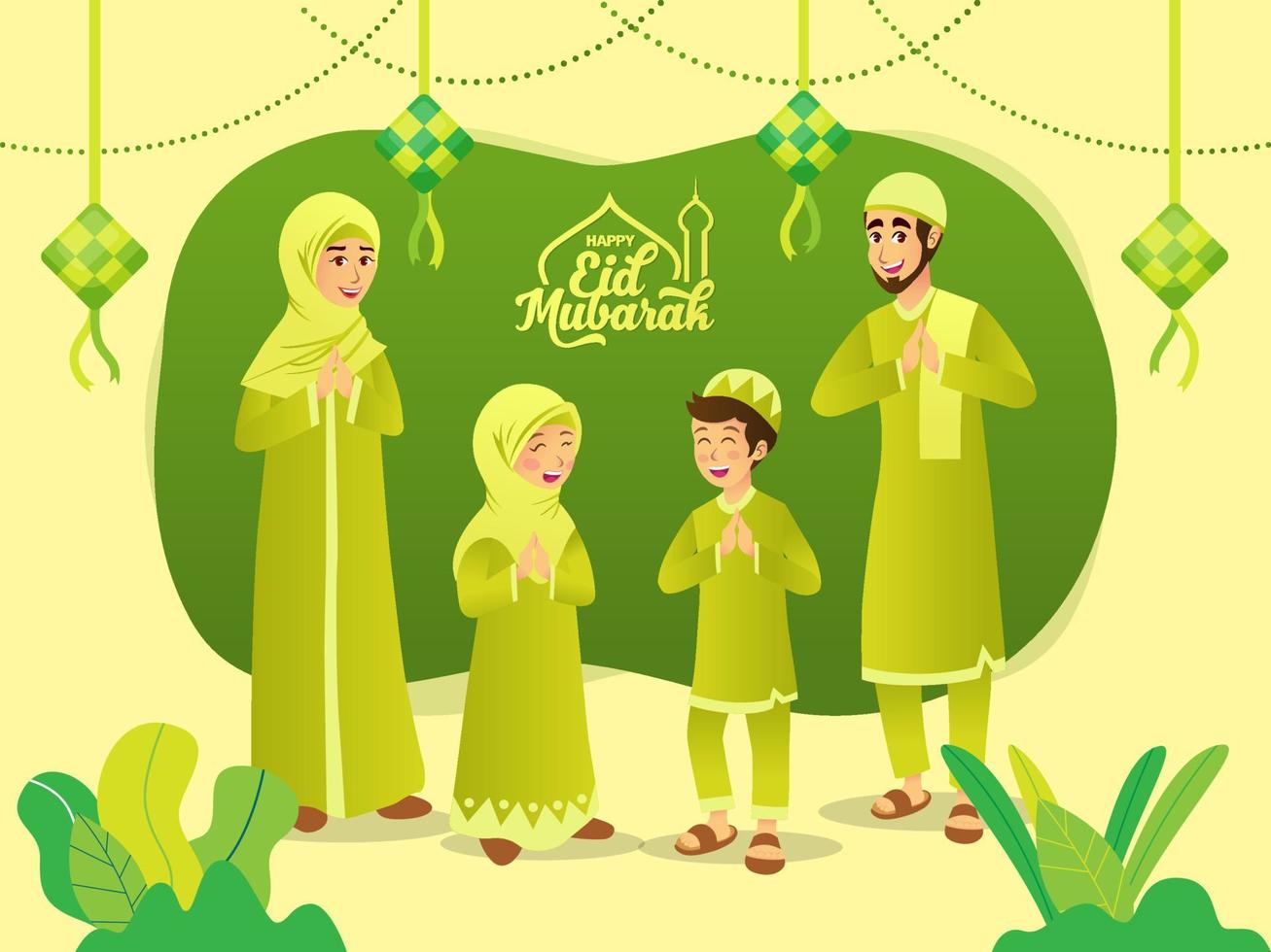 cartão de saudação eid mubarak. família muçulmana dos desenhos animados comemorando eid al fitr sobre fundo verde. vetor