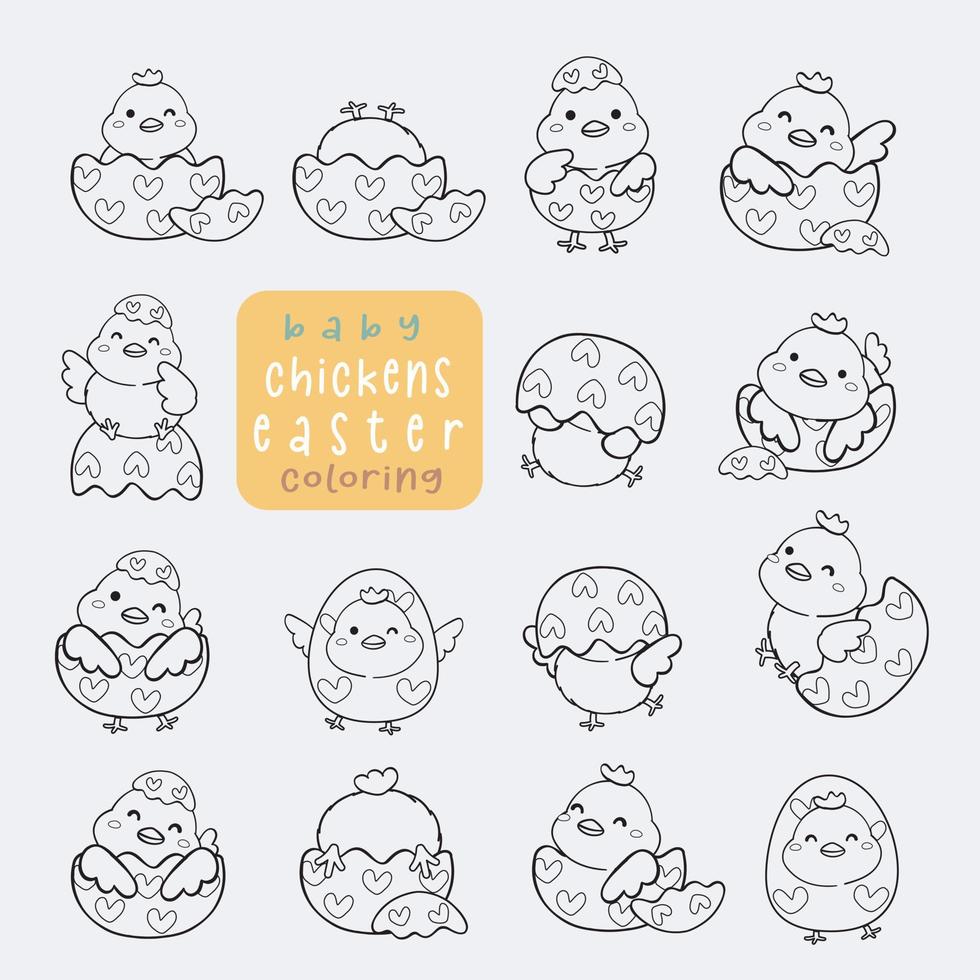 grupo de galinhas fofas de páscoa brincam com contorno de casca de ovo para livro de colorir, vetor de desenho de desenho animado fofo