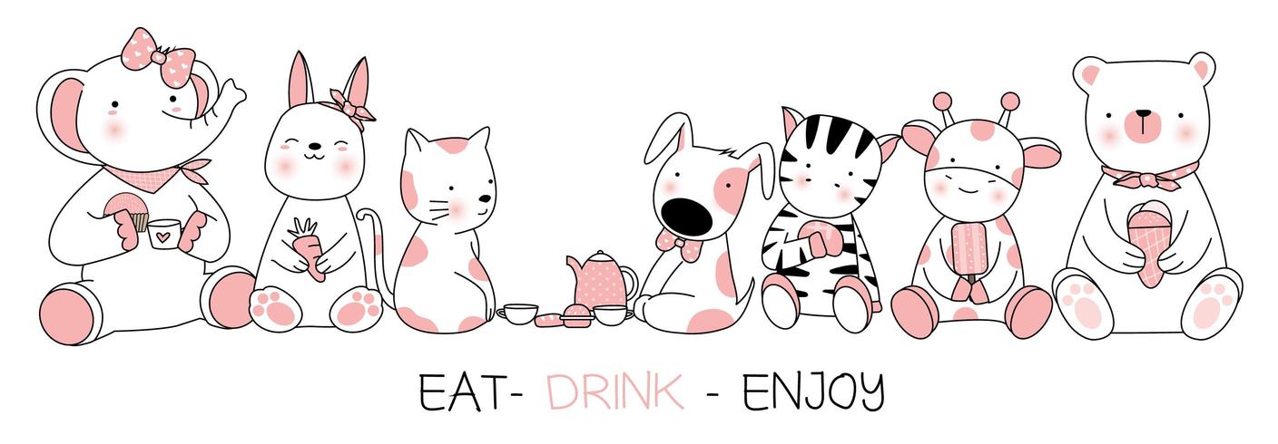 Coma a bebida apreciam animais bonitos cartão design vetor