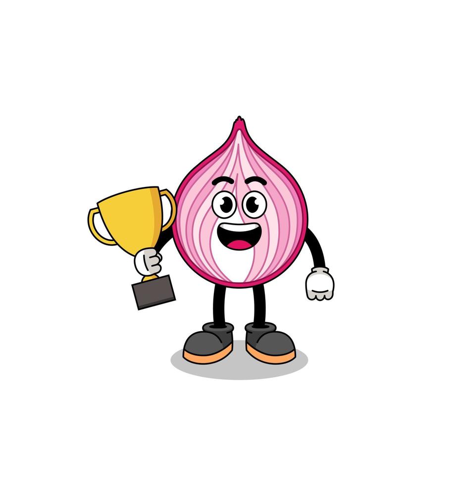 mascote dos desenhos animados de cebola fatiada segurando um troféu vetor