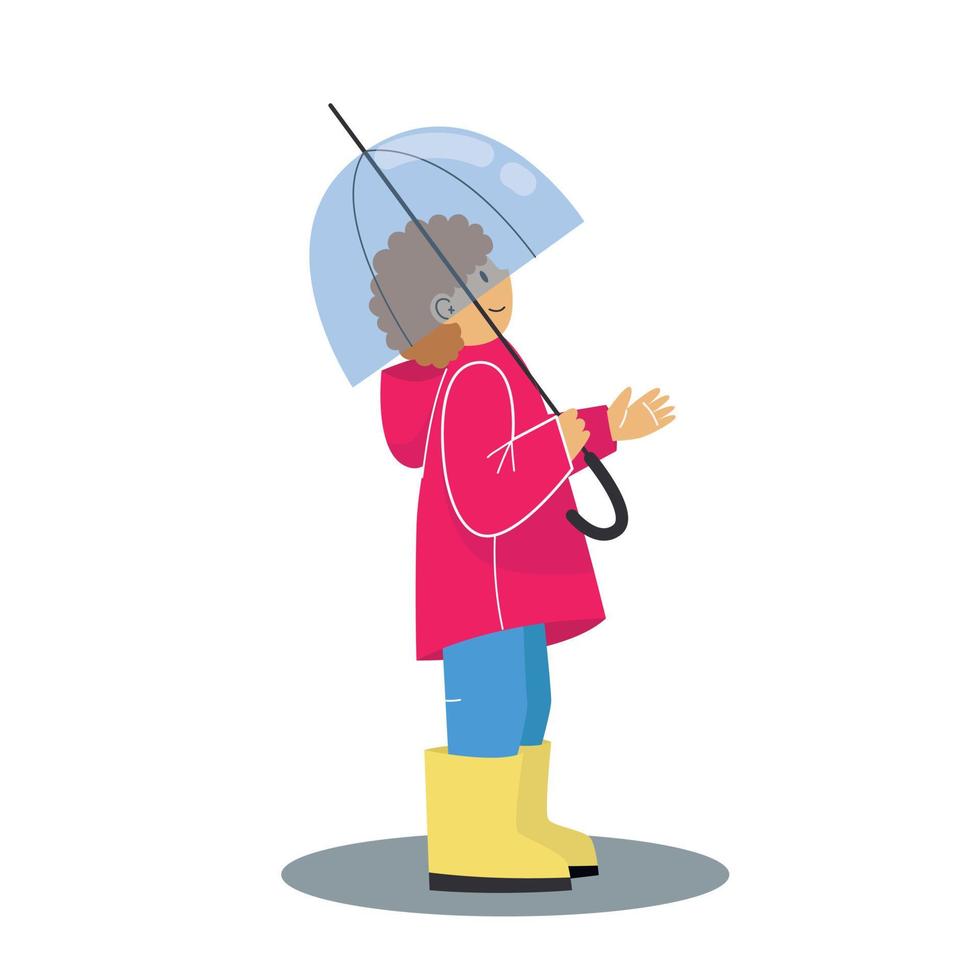 menino com um guarda-chuva. menino vestindo uma capa de chuva vermelha e botas de borracha amarelas. ilustração em vetor dos desenhos animados sobre fundo branco.
