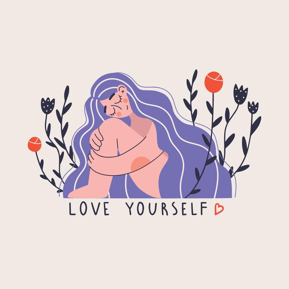 AME a si mesmo. mulher se abraçando. letras. amo seu conceito de corpo. ilustração vetorial. vetor