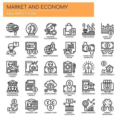 Conjunto de mercado de linha fina preto e branco e ícones de economia vetor