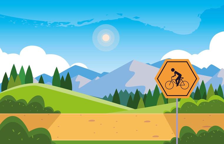 paisagem montanhosa com sinalização para ciclista vetor