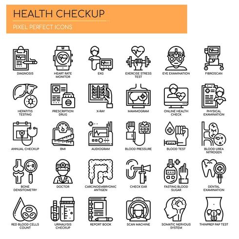 Conjunto de ícones de verificação de exame de saúde de linha fina preto e branco vetor