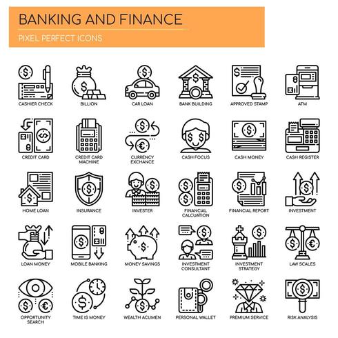 Conjunto de linha fina de preto e branco bancário e ícones de finanças vetor