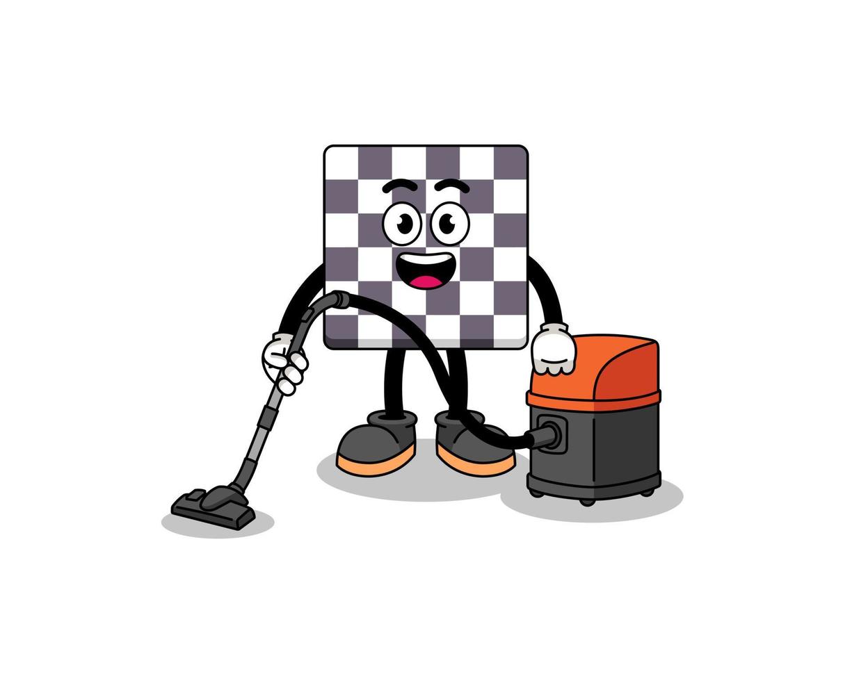 personagem mascote do tabuleiro de xadrez segurando o aspirador de pó vetor