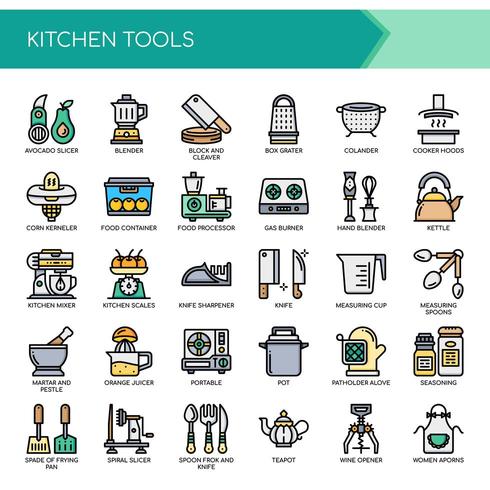 Conjunto de ícones de ferramentas de cozinha de linha fina de cor vetor