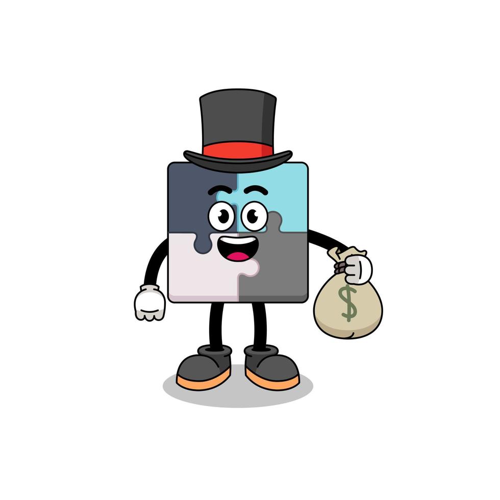 quebra-cabeça ilustração de mascote homem rico segurando um saco de dinheiro vetor