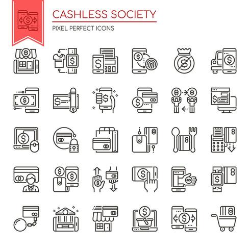 Conjunto de ícones de sociedade sem dinheiro em preto e branco de linha fina vetor