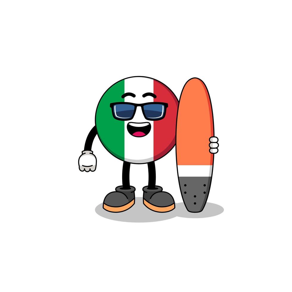 desenho de mascote da bandeira da itália como surfista vetor