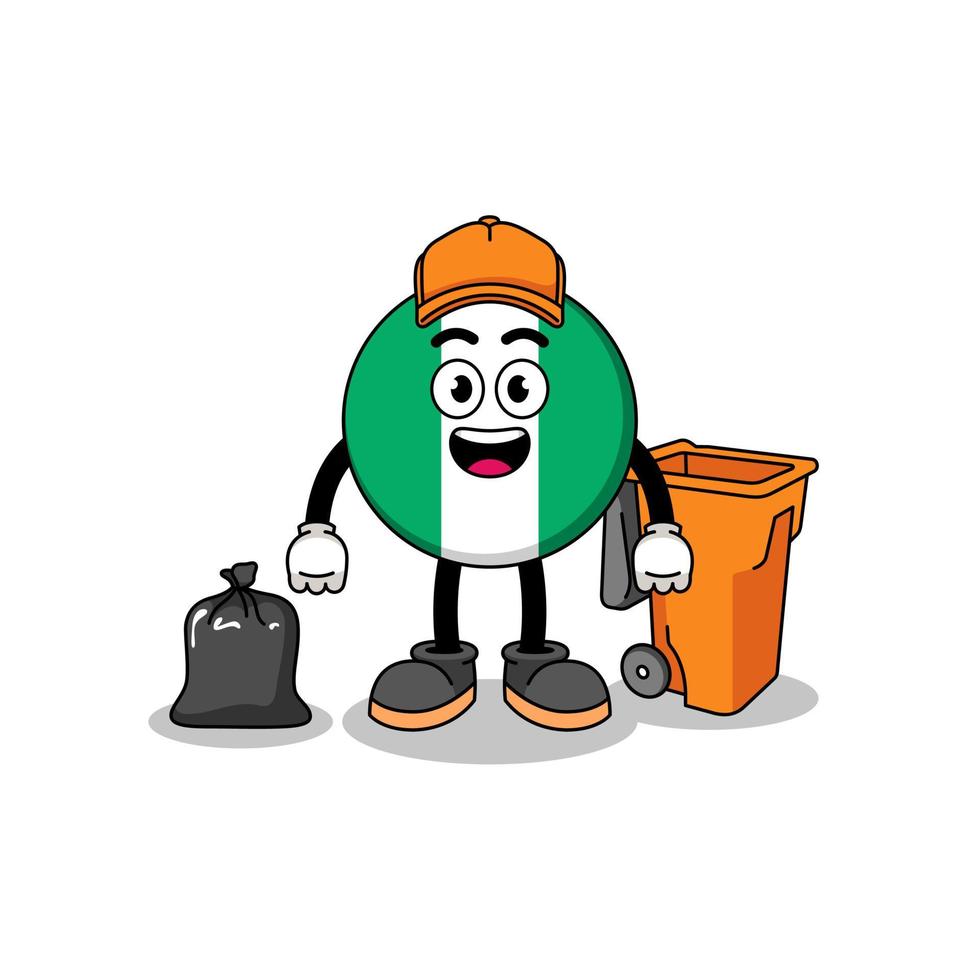 ilustração dos desenhos animados da bandeira da nigéria como coletor de lixo vetor