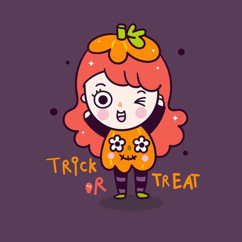 Linda garota Halloween bruxa cartoon abóbora traje vetor