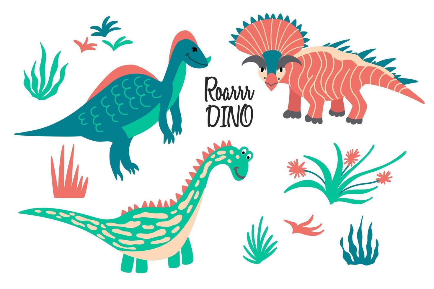 conjunto com dinossauros e plantas infantis dos desenhos animados vetor