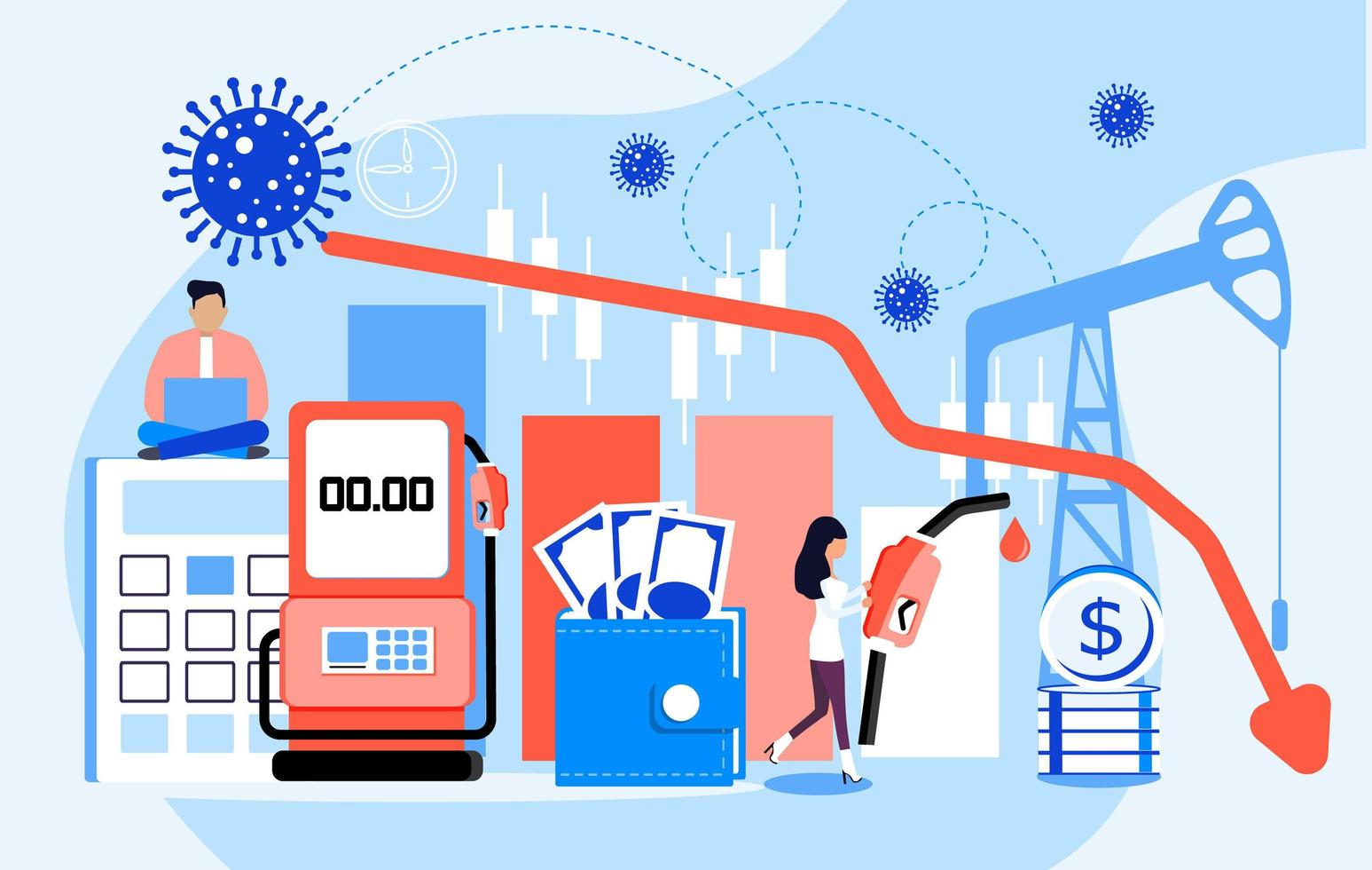 vetor de conceito decrescente do preço do petróleo. crise do mercado petrolífero. impacto do coronavírus na queda dos preços do petróleo. seta vermelha vai para zero. pequenos empresários em pânico. plataforma de petróleo, posto de gasolina, barril