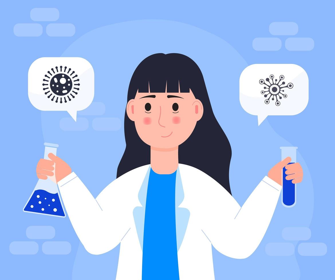 mulher cientista no laboratório. garota de jaleco branco, pesquisador químico está segurando o tubo. vetor de conceito de virologista. microbiologista está criando vacina em laboratório, experimento científico