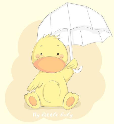 pato bebê fofo com guarda-chuva vetor