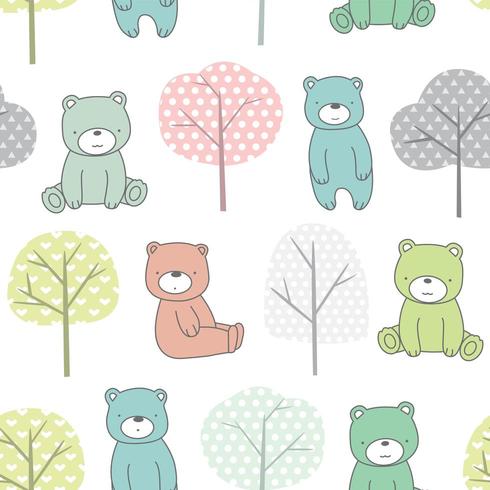 Árvores e bebê urso dos desenhos animados - padrão sem emenda vetor
