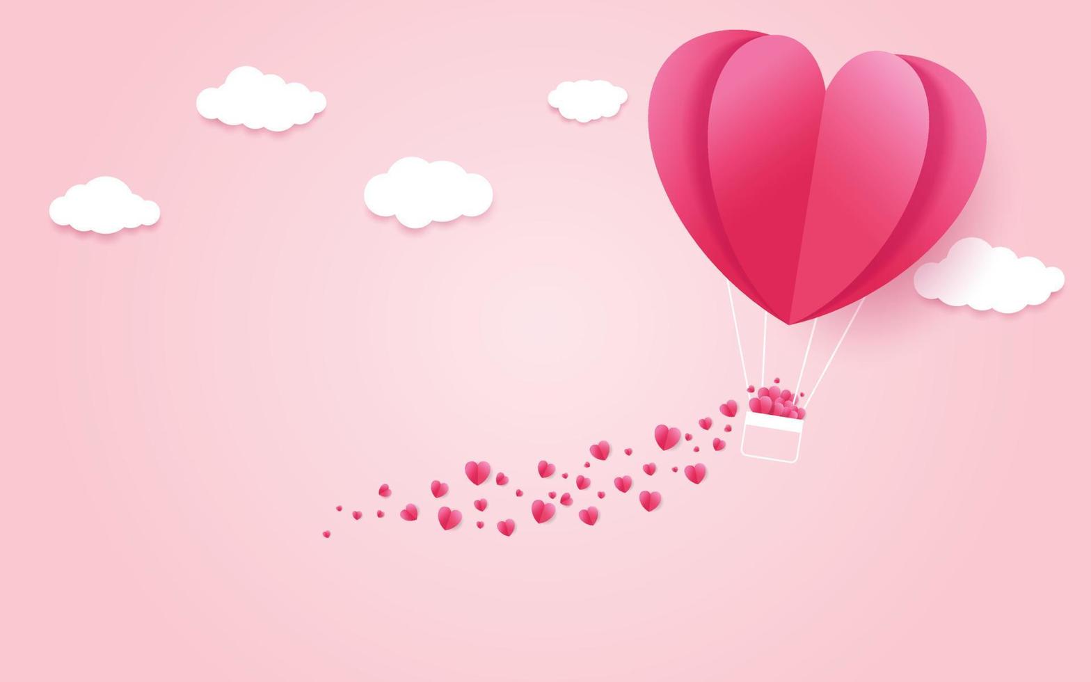 ilustração de amor e dia dos namorados, fez balão de ar quente voando com flutuação de coração na arte sky.paper e estilo de artesanato digital. vetor