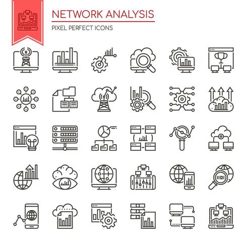 Conjunto de ícones de análise de rede de linha fina preto e branco vetor