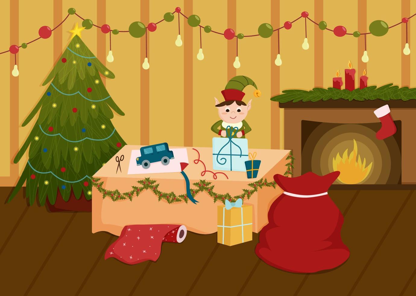 o elfo está embalando presentes em uma sala com uma árvore de natal e uma lareira vetor