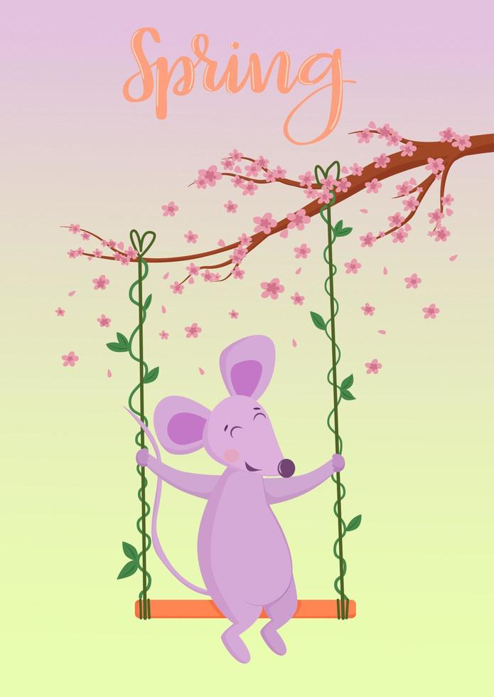 o rato senta-se em um balanço debaixo de uma árvore com flores vetor