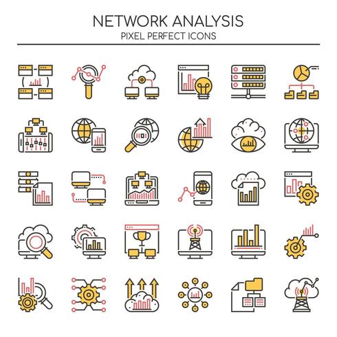 Conjunto de ícones de análise de rede de linha fina Duotone vetor
