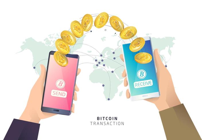 Duas mãos, cada uma segurando um telefone com bitcoins transferidos entre elas vetor