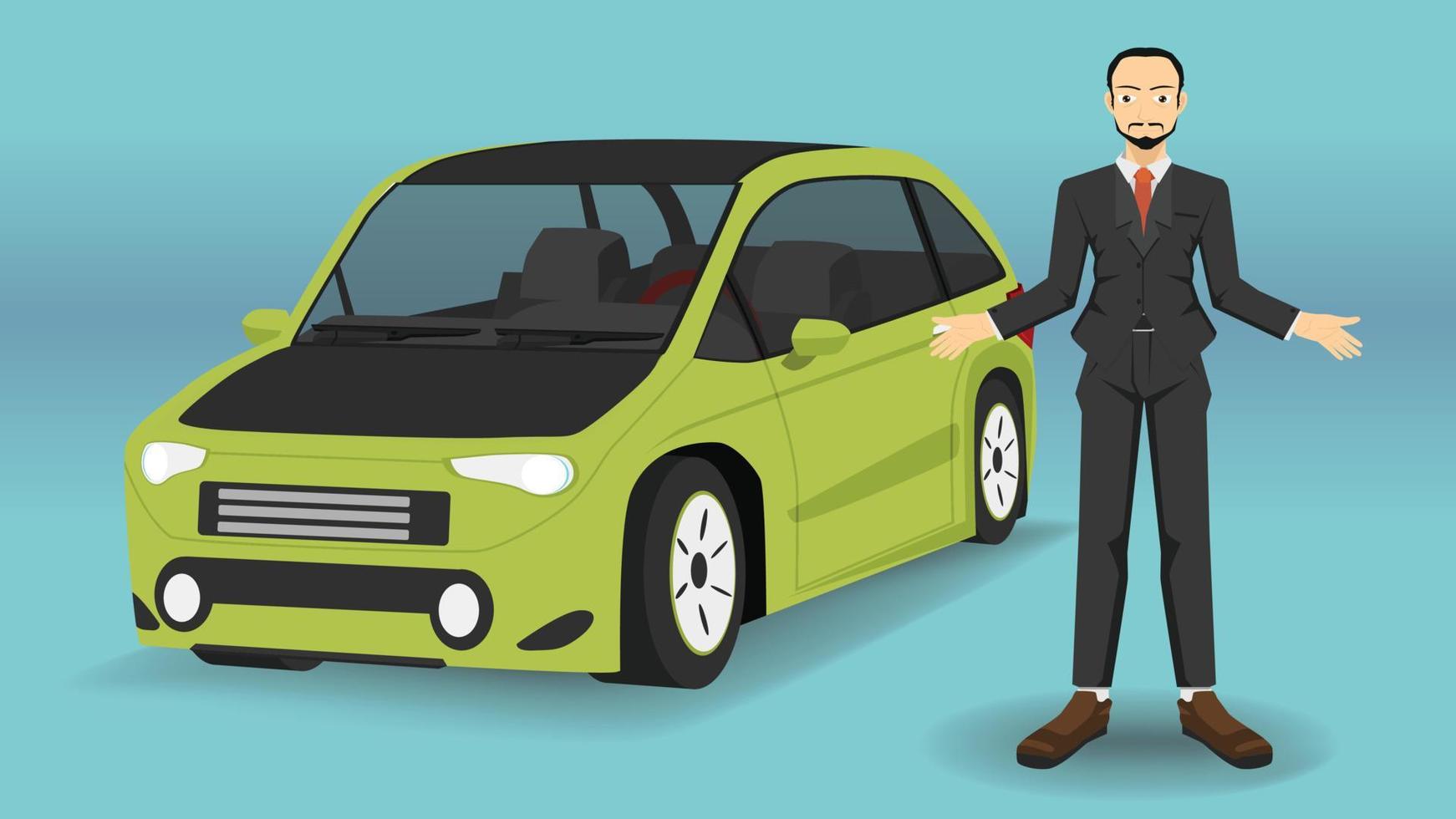 vendedor ou empresário em uniforme de terno no centro de serviço de vendas de veículos com cor verde de carro esportivo de veículo elétrico. vetor