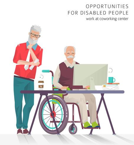 Homens mais velhos treinando na mesa e no computador, um em pé e outro em cadeira de rodas vetor