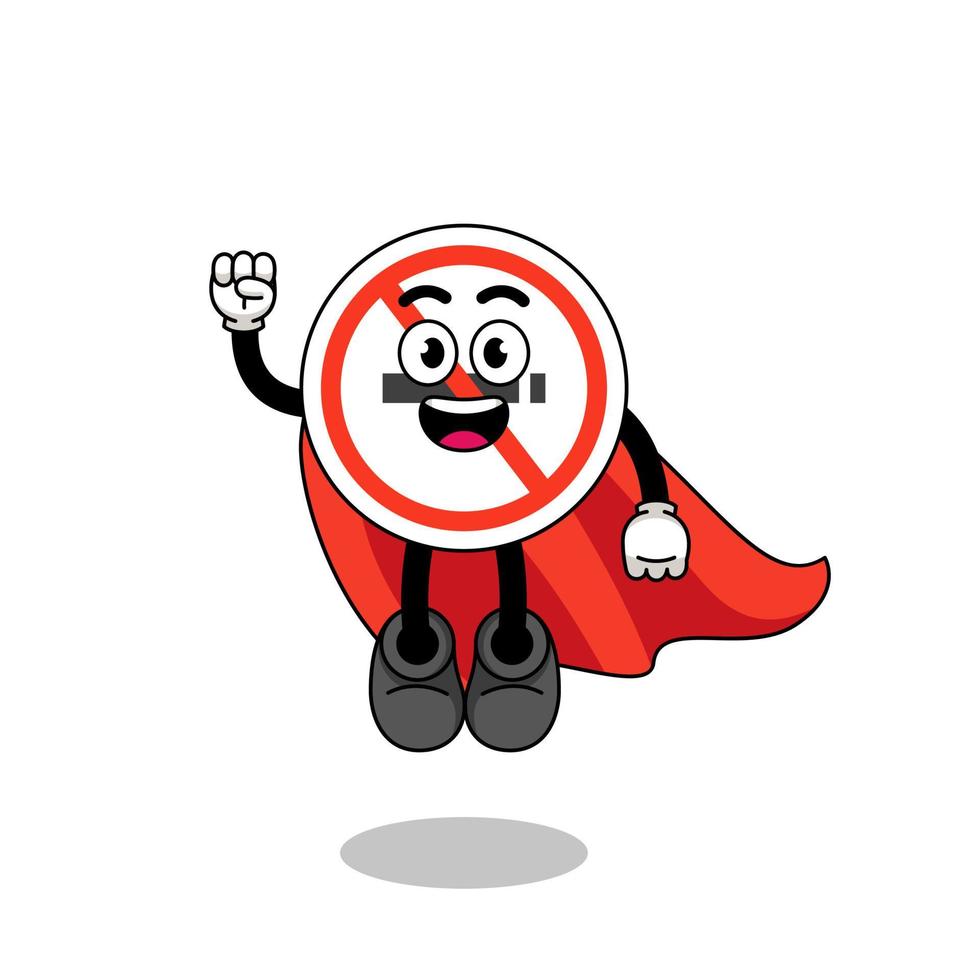 desenho animado de sinal de não fumar com super-herói voador vetor