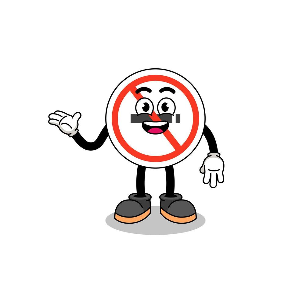 desenho animado de sinal de não fumar com pose de boas-vindas vetor