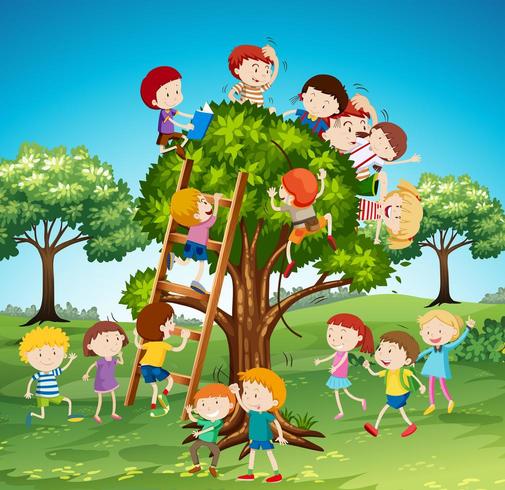 Muitas crianças subindo na árvore vetor