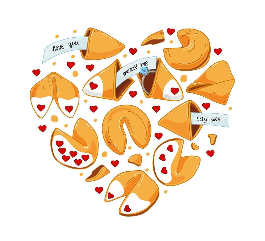 um conjunto de biscoitos chineses com previsões, com um anel de noivado, uma declaração de amor. o noivado. vetor