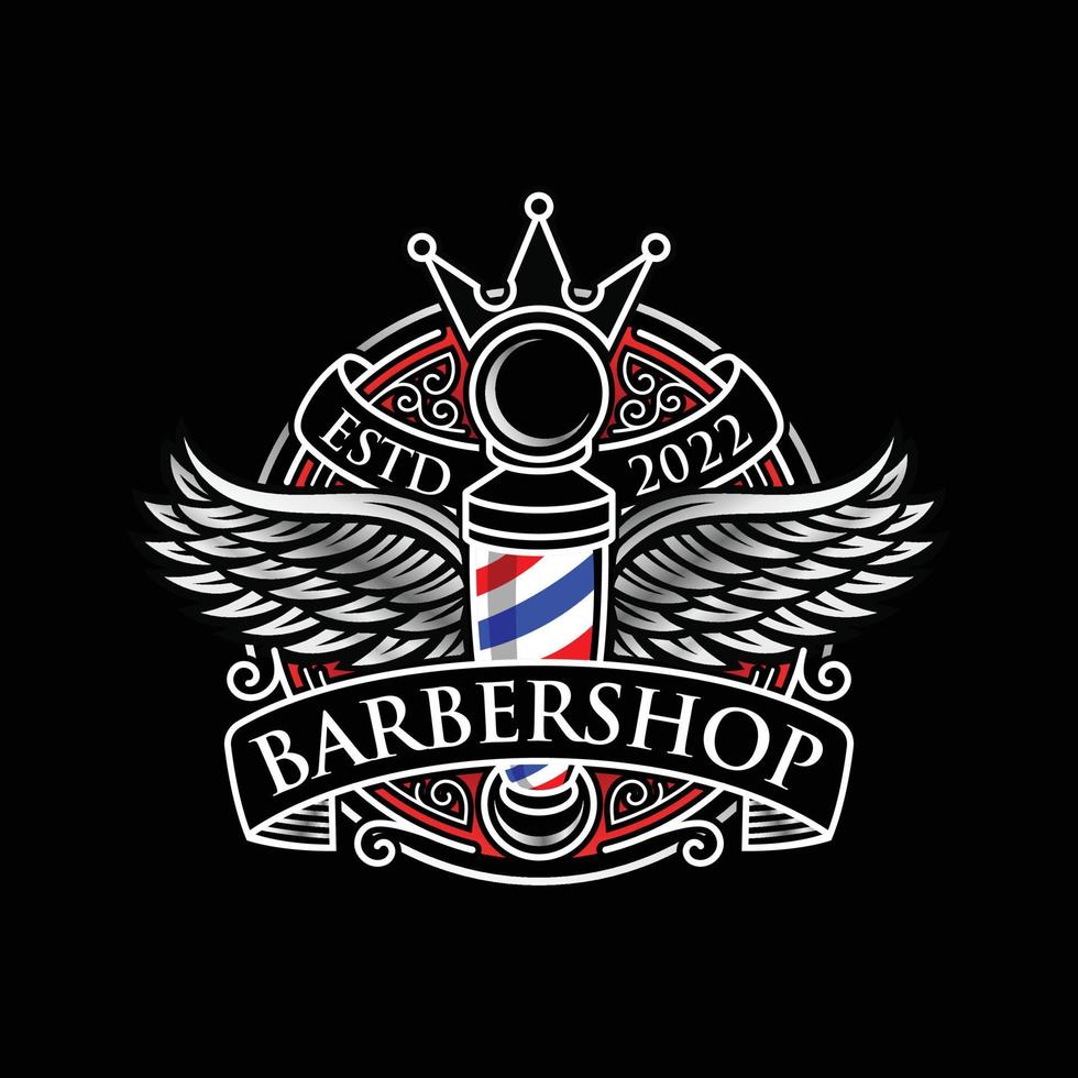 logotipo de vetor de barbearia rei vintage e modelo de etiqueta