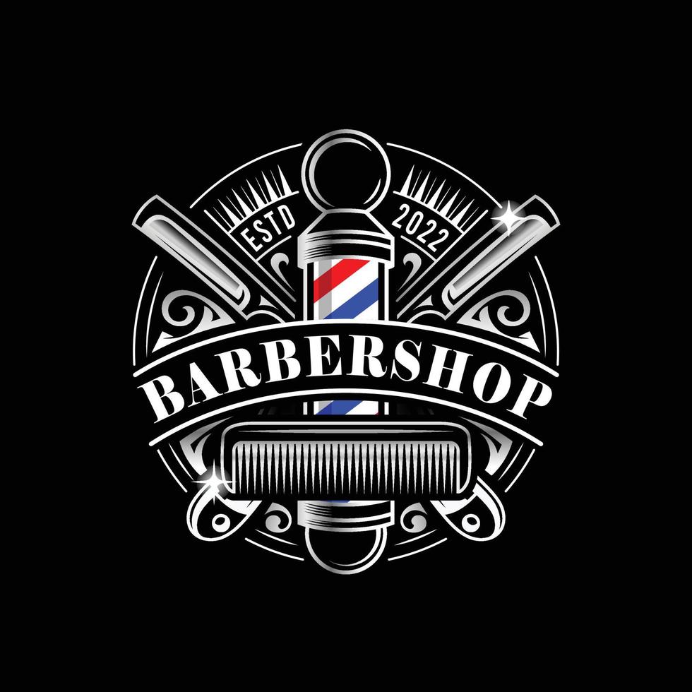 logotipo de vetor de barbearia vintage e modelo de etiqueta