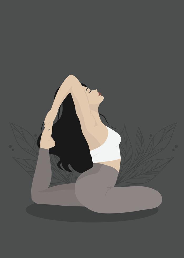 linda garota praticando ioga contra um pano de fundo frondoso em um fundo escuro vetor
