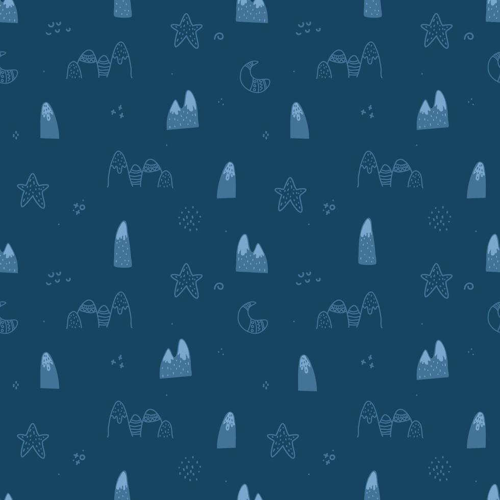 montanhas, lua, estrela em estilo escandinavo, padrão simples e sem costura. design escandinavo bonito. fundo geométrico e doodle para têxteis, papel de parede, design de superfície vetor