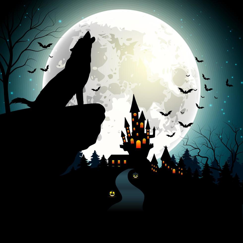 fundo de halloween com o lobo na lua cheia vetor