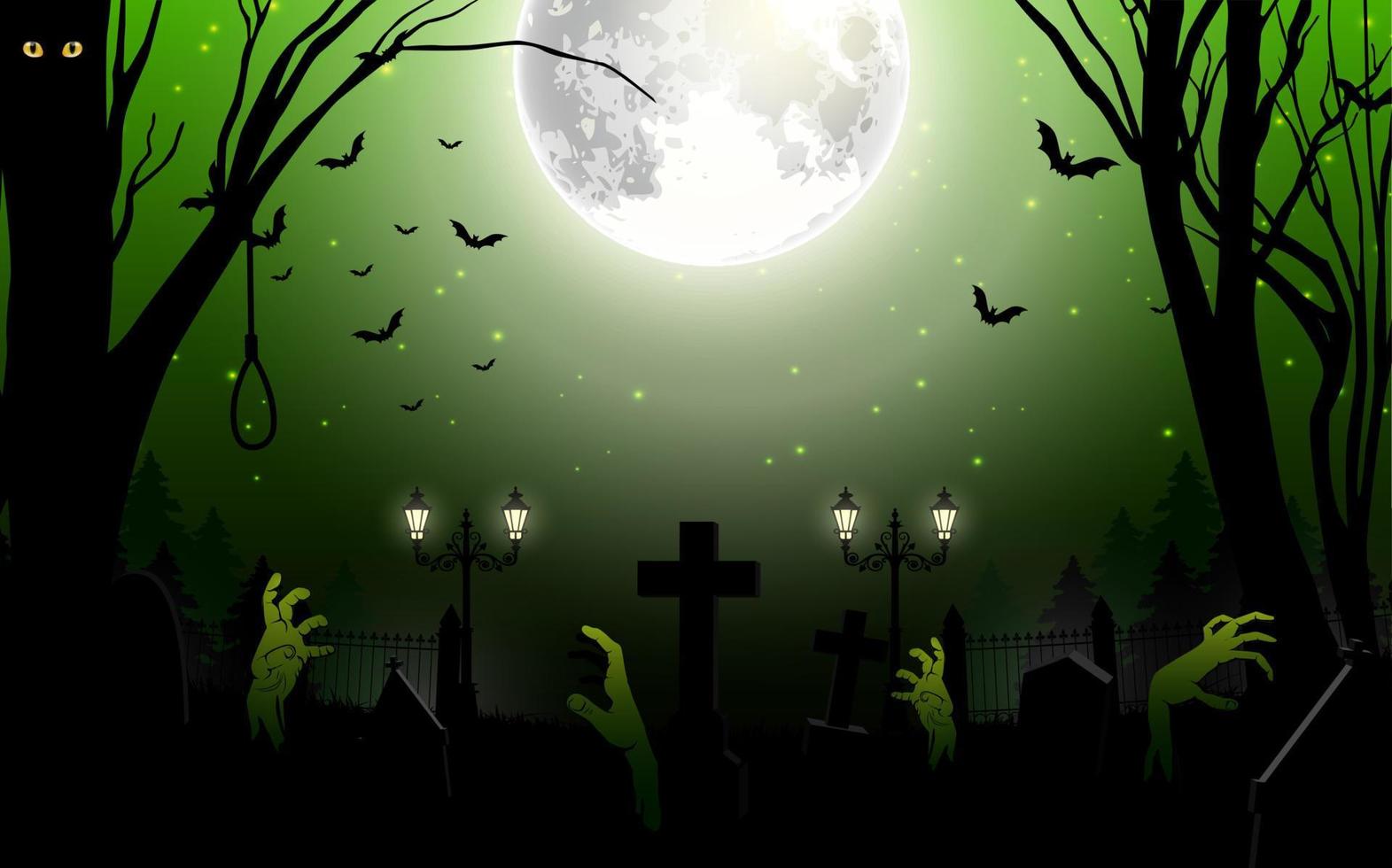 fundo de halloween com zumbi no cemitério na lua cheia. ilustração vetorial vetor