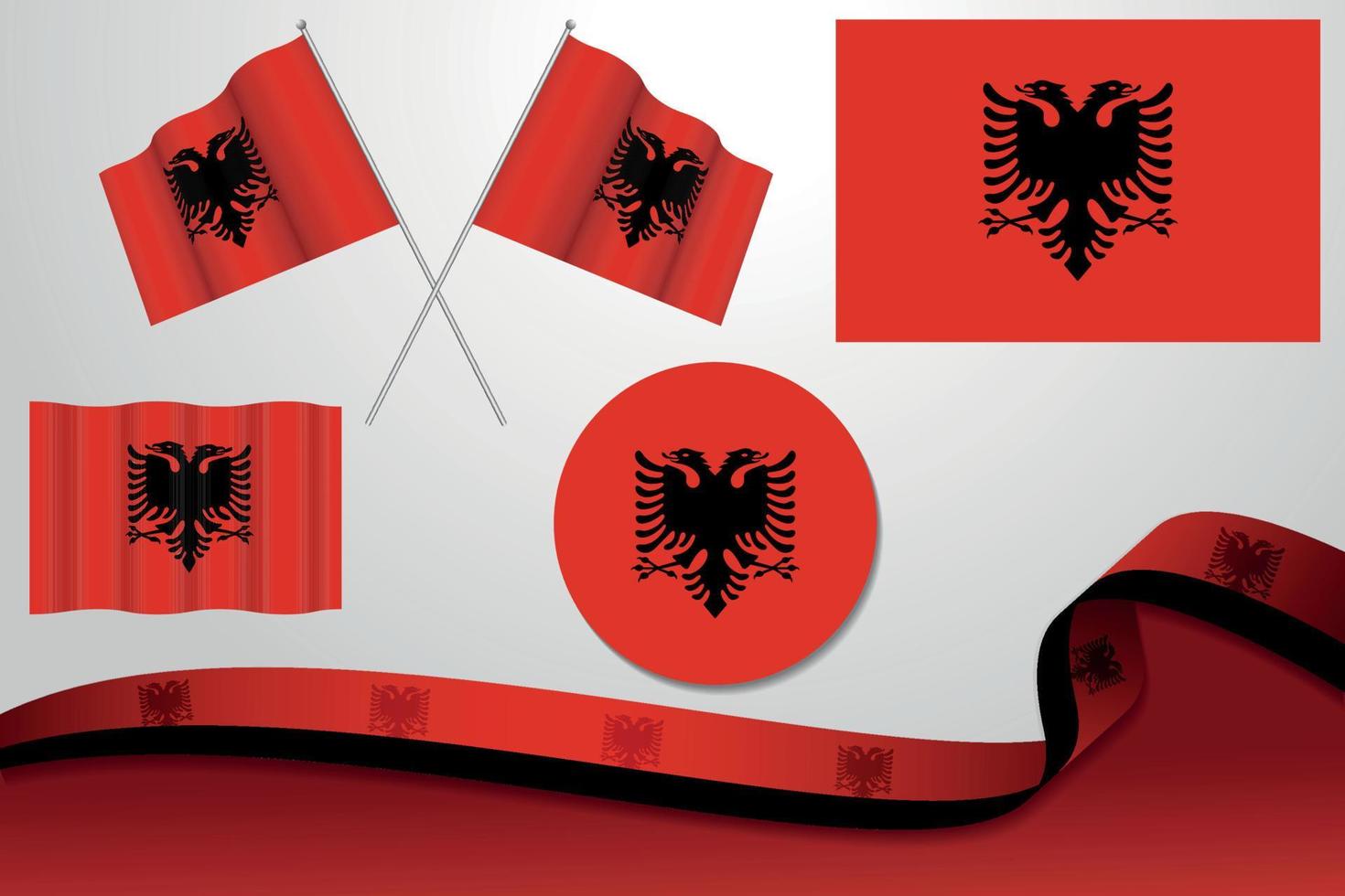 conjunto de bandeiras da albânia em diferentes designs, ícone, bandeiras de esfolar com fita com fundo. vetor