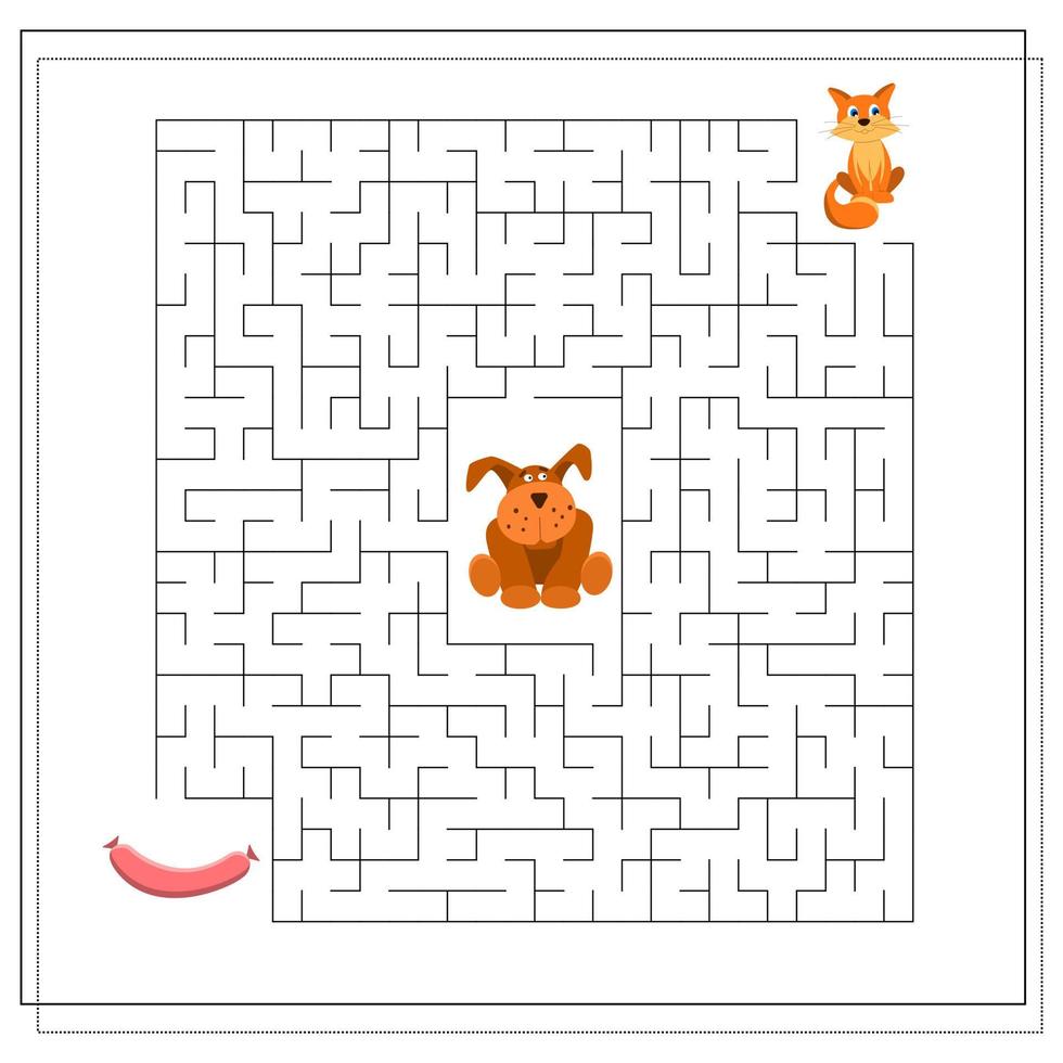 um jogo de labirinto para crianças. guie o gato pelo labirinto até a salsicha, para não chegar ao cachorro vetor