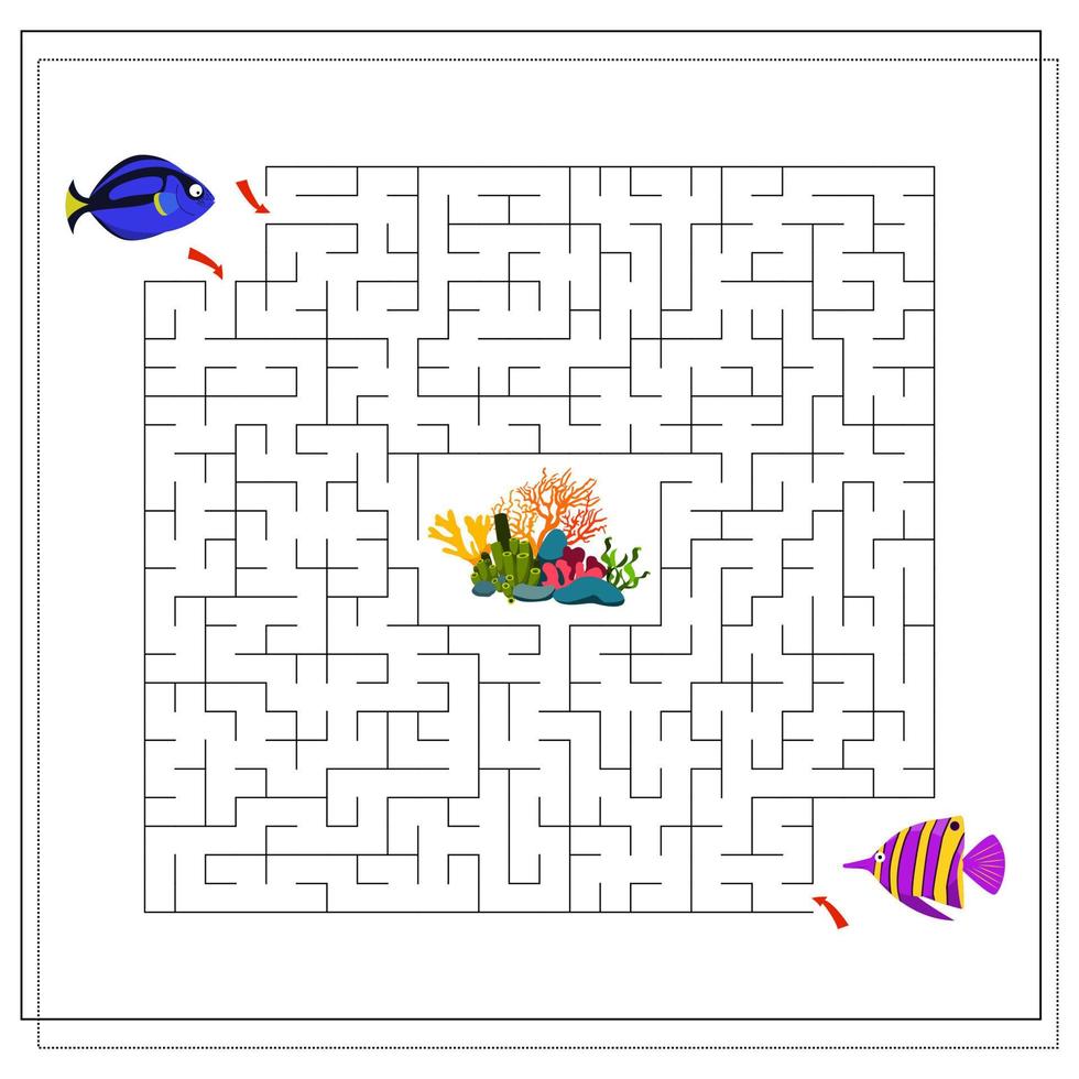 um jogo de labirinto para crianças. ajude os peixes a nadar até o coral. pescador de peixes dos desenhos animados. vetor