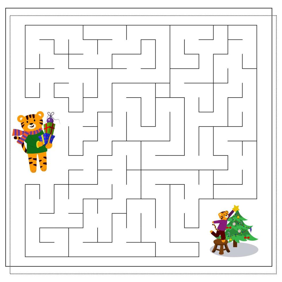 um jogo de lógica para crianças. completar o labirinto. um tigre no ano novo, um tigre no natal vetor