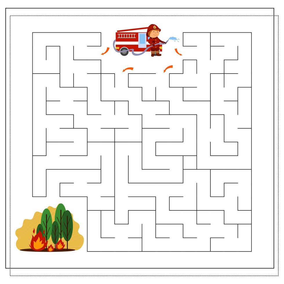 um jogo de lógica para crianças, atravesse o labirinto, um bombeiro apaga um incêndio. vetor