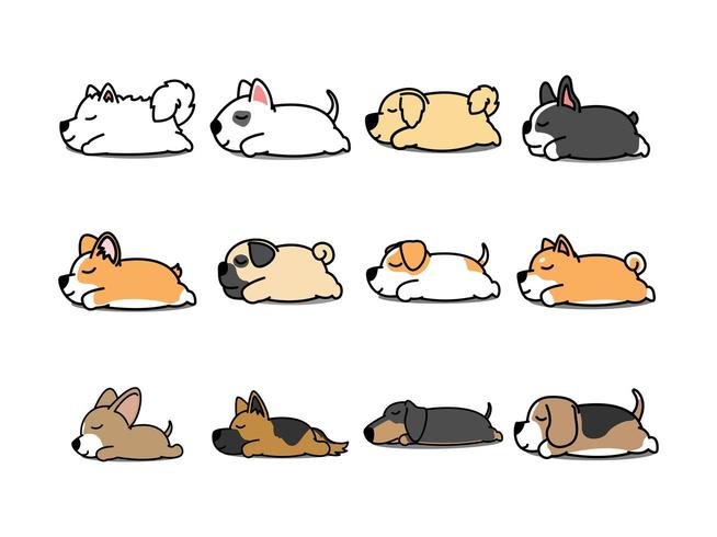 Cão preguiçoso dormindo conjunto de ícones dos desenhos animados vetor